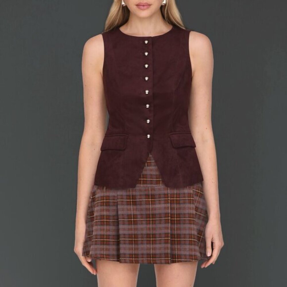 New Avec Les Filles Faux Suede Cutaway Vest Top Maroon XS $98